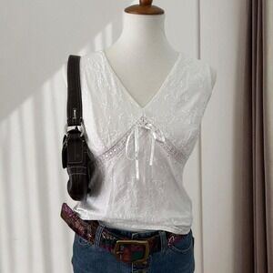 Ann Taylor White Floral Embroidered Lace Trim Sleeveless V-Neck Cotton Top Sz 2